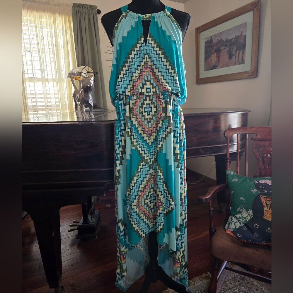 Summer dress or lounge wear in pretty turquoise aztec  print.